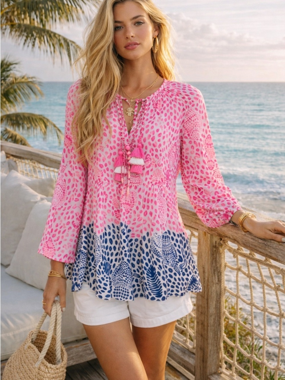 Lilly Pulitzer Marilina Tassel Tunic Top Boho Resort Beach Blouse 36359